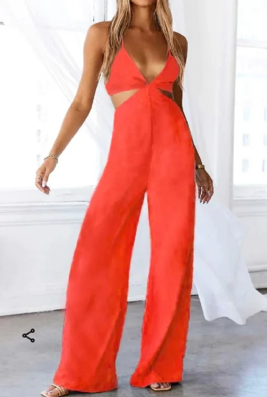 Cut Out Waist Wide Leg Orange Jumpsuit