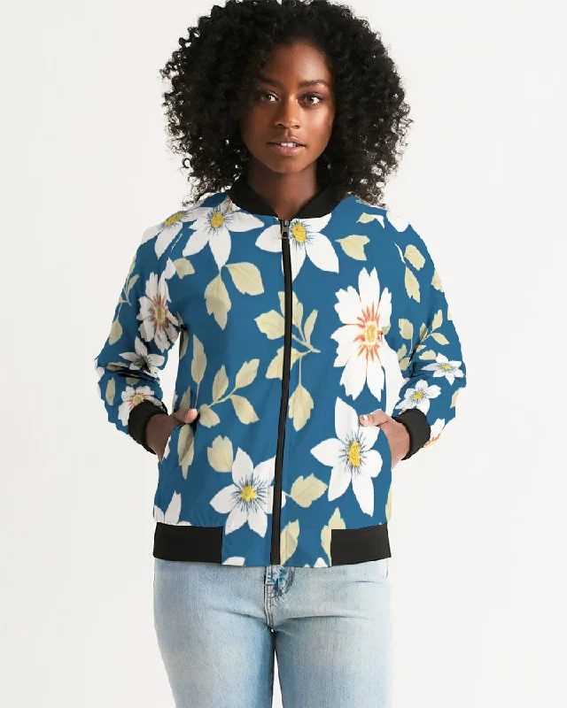 Dark blue background and white flower pattern Women's All-Over Print Bomber Jacket