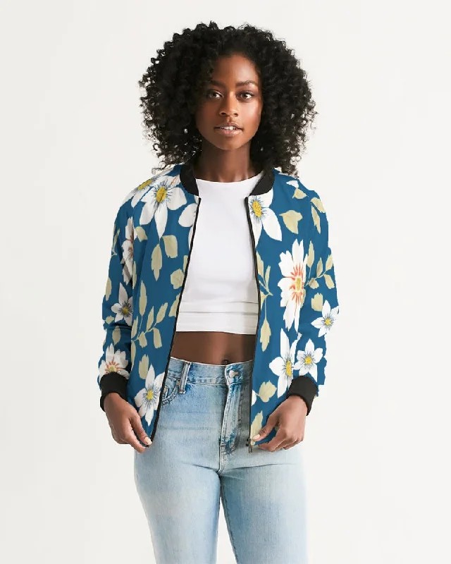 Dark blue background and white flower pattern Women's All-Over Print Bomber Jacket