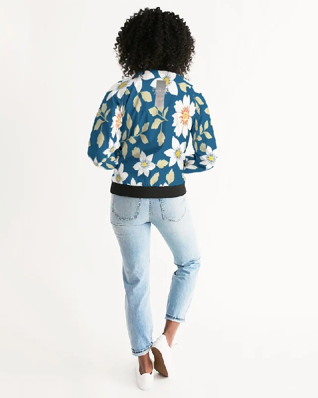 Dark blue background and white flower pattern Women's All-Over Print Bomber Jacket