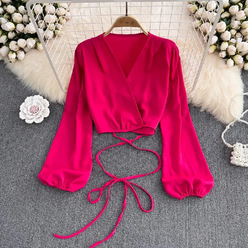 Deep V Neck Puff Sleeve Shirt Women's Fashionable and Chic Short Top       S4225