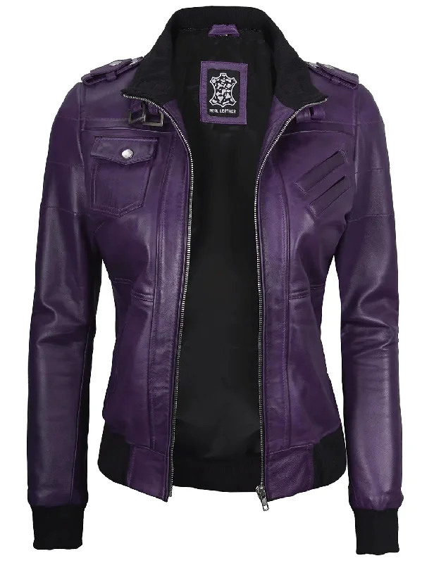 Edinburgh Purple Hooded Leather Bomber Jacket