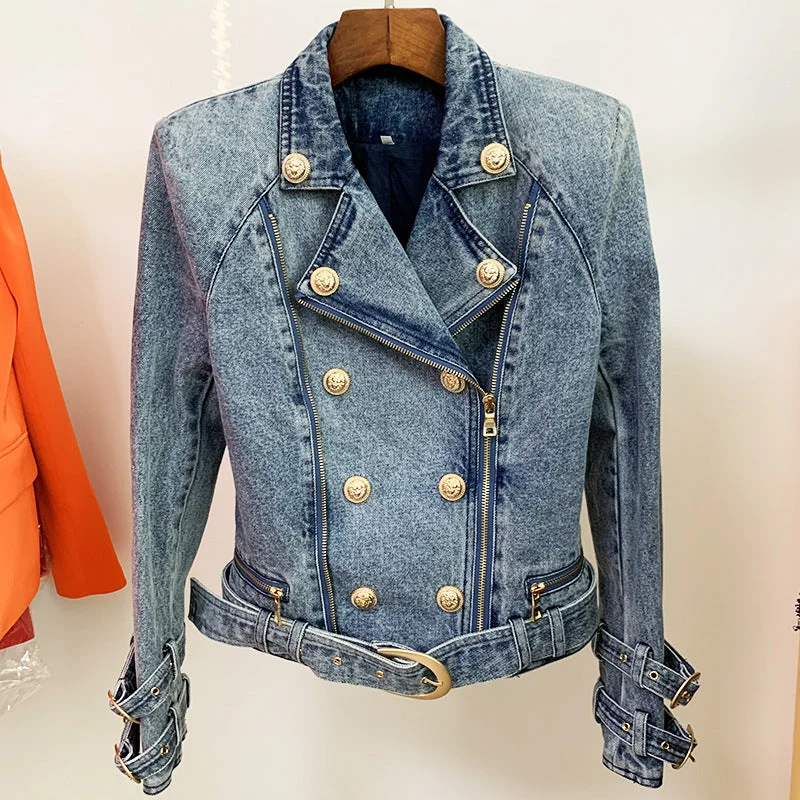 European And American New Spring 2022 Women's Slim-fitting Jacket Double-breasted Zipper Oblique Denim Motorcycle Jacket