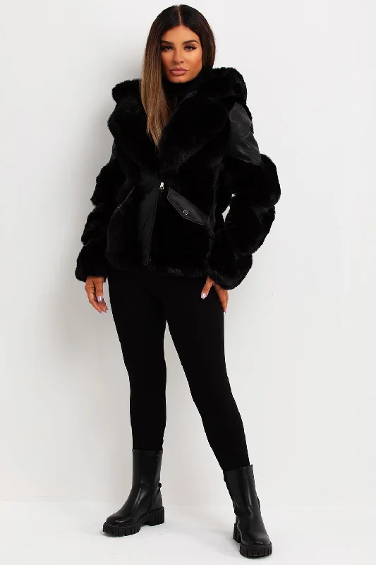 Faux Fur Lined Faux Leather Aviator Jacket Black