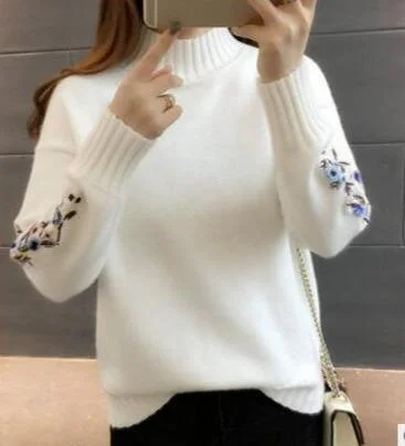 Floral Sleeves Turtleneck Women's Sweater