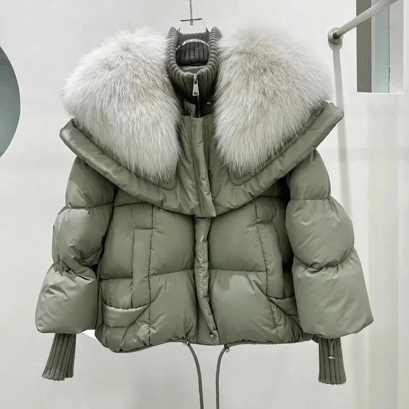 Getadme 2 Fox Fur Collar Goose Down Jacket Fur Down Jacket Female Short Haining Winter Coat New Bread Clothing Women Winter Parkas