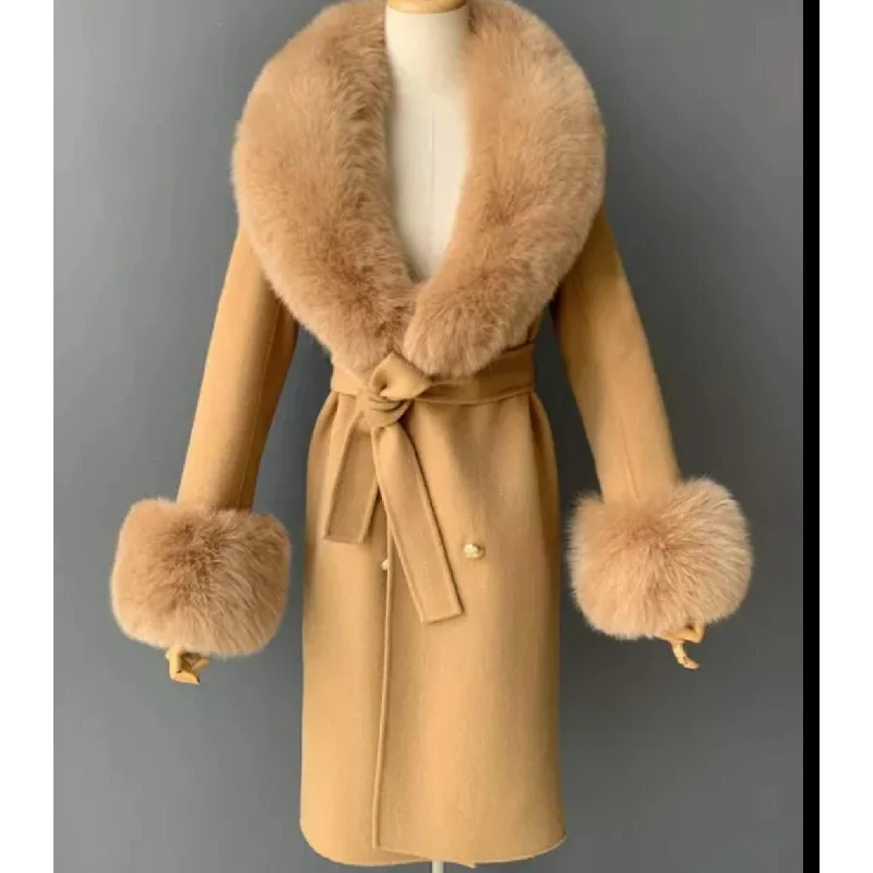 Fox Fur Collar Woolen Jacket Long Overcoat