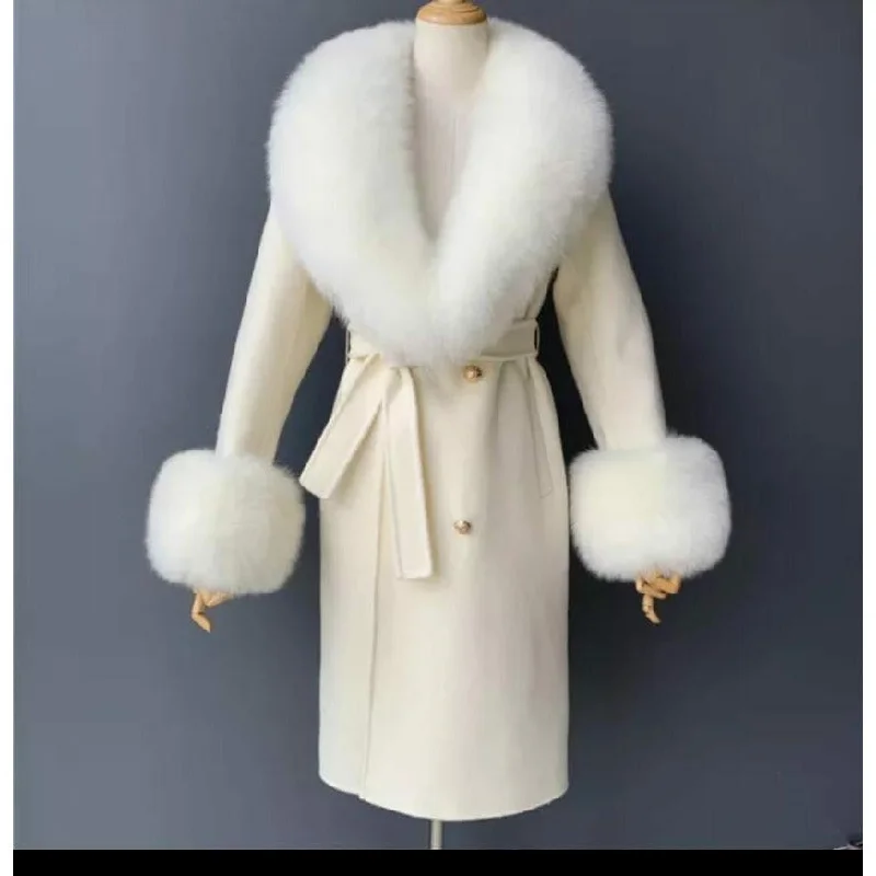 Fox Fur Collar Woolen Jacket Long Overcoat