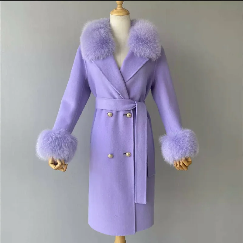 Fox Fur Collar Woolen Jacket Long Overcoat