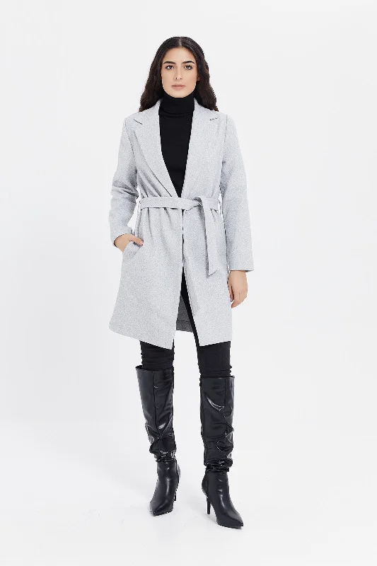 Women Grey Long Line Tie Waist Coat