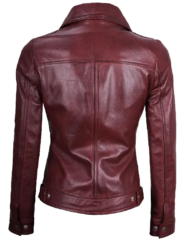 Jose Women Harrington Maroon Leather Jacket