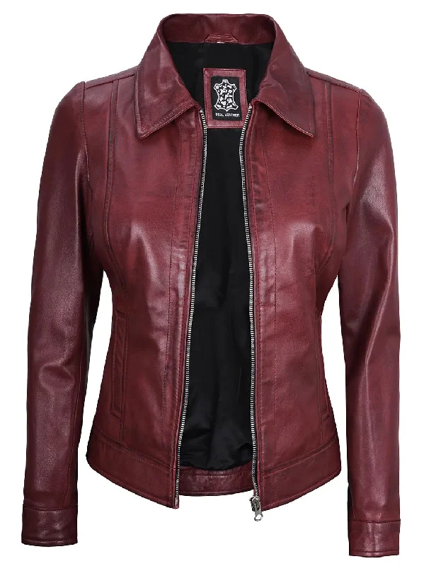 Jose Women Harrington Maroon Leather Jacket