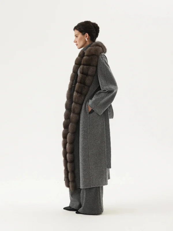 Cashmere coat with sable trim on the sides in graphite tone