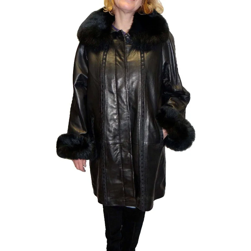 Knoles & Carter Women's Plus Size Leather Coat with Fox Fur Collar