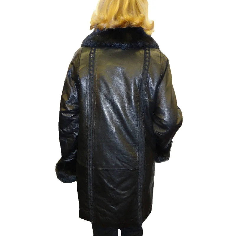 Knoles & Carter Women's Plus Size Leather Coat with Fox Fur Collar