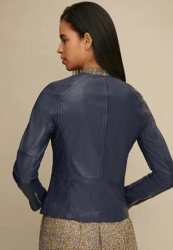 Women's Blue Leather Jacket Crew Neck