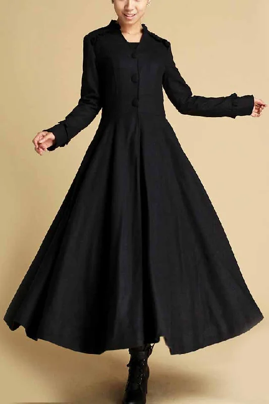 Womne's Long Swing Black wool Coat 0355#