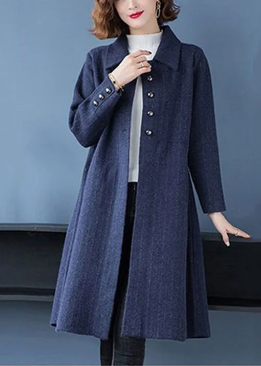 Loose Navy Peter Pan Collar Button Patchwork Woolen Coats Fall