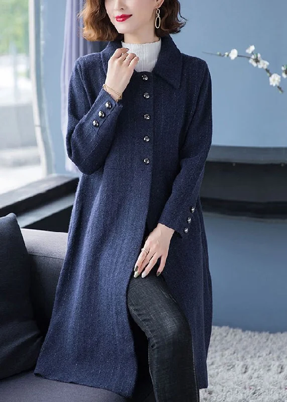 Loose Navy Peter Pan Collar Button Patchwork Woolen Coats Fall