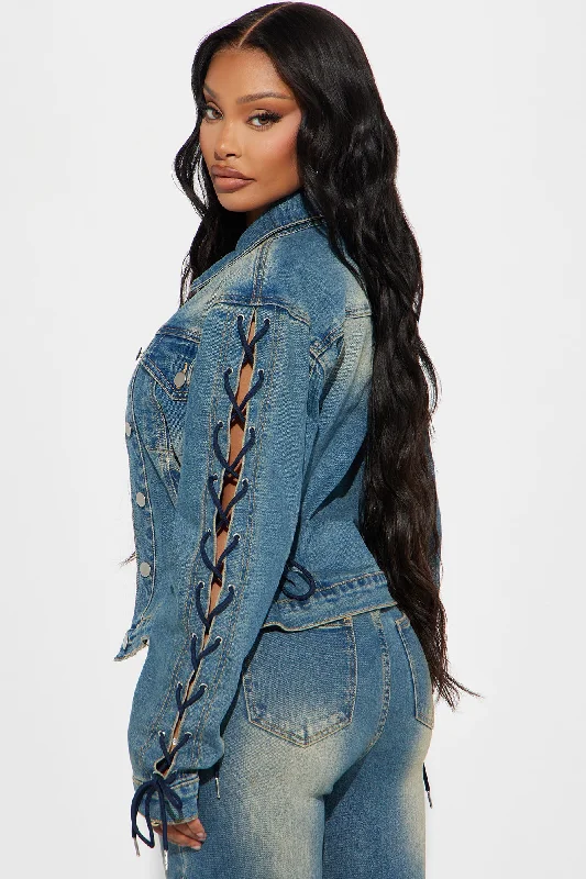 Make It Complicated Lace Up Denim Jacket - Vintage Wash