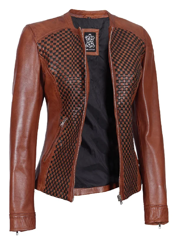 Maude Women Brown Textured Leather Biker Jacket