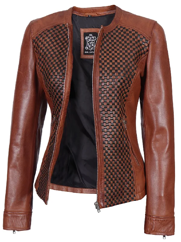 Maude Women Brown Textured Leather Biker Jacket