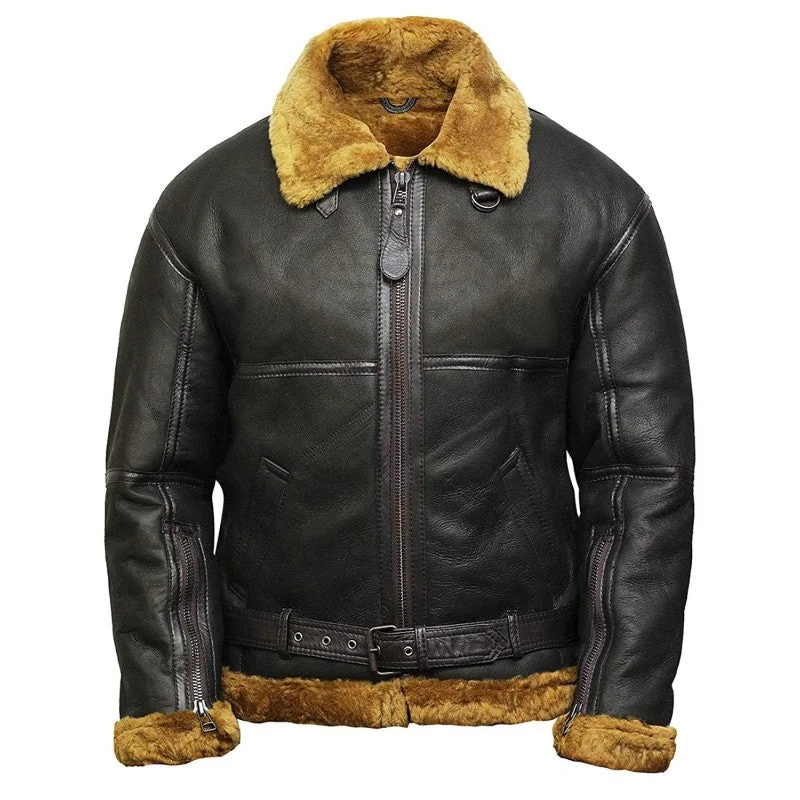 Men's Black Shearling Sheepskin Flying Jacket