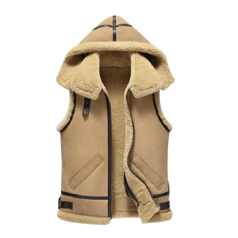 Men's Sand Hooded Shearling Real Leather Bomber Vest