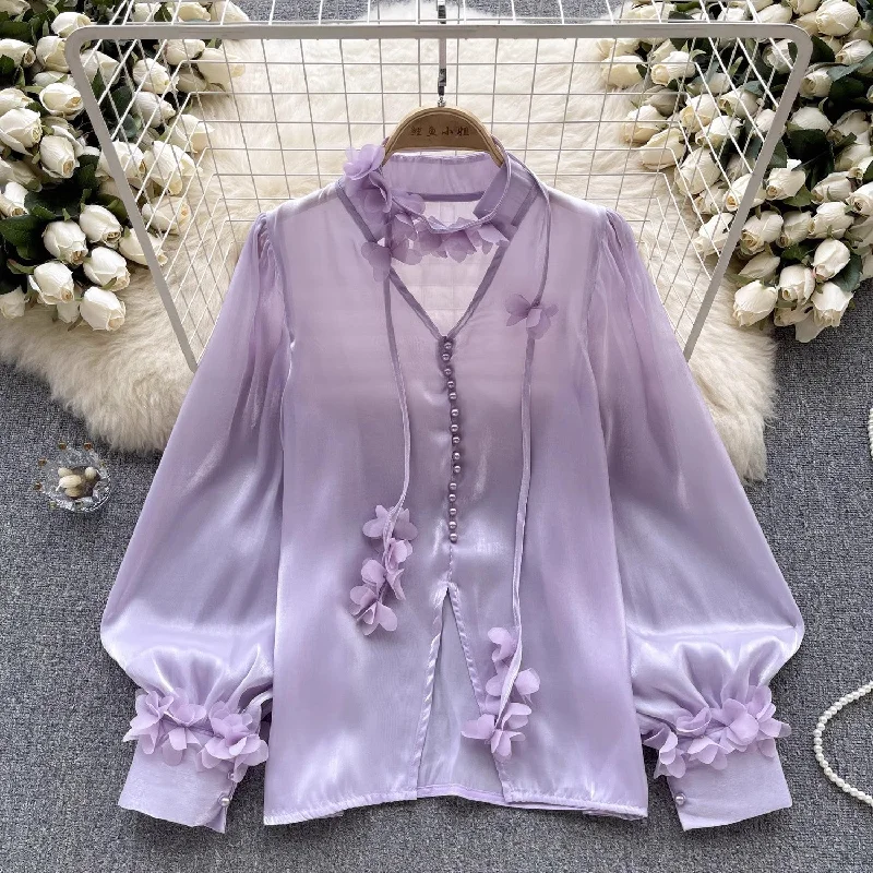 mesh shirt for women with ribbon long-sleeved design beautiful top trend     S4532