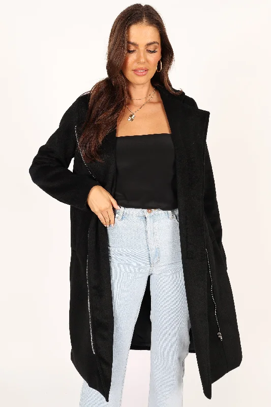 Mila Zip Front Long Coat - Black