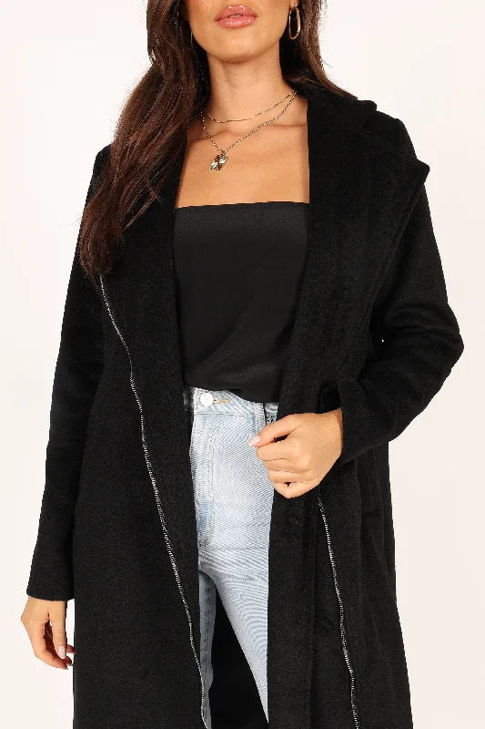 Mila Zip Front Long Coat - Black