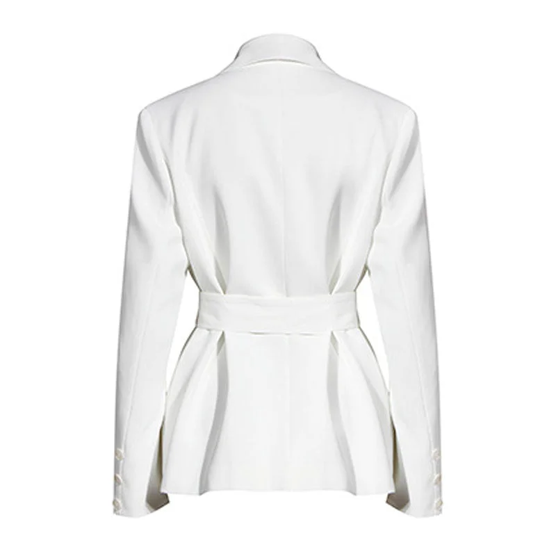 Minimalist Solid Color Shawl Collar Shoulder Pad Long Sleeve Belted Blazer