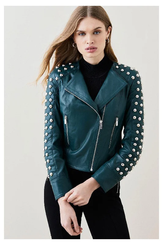 New Chocolat Green Style Silver Spiked Studded Retro Biker Leather Jacket For Women