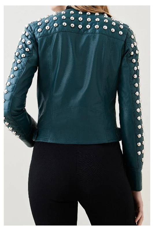 New Chocolat Green Style Silver Spiked Studded Retro Biker Leather Jacket For Women