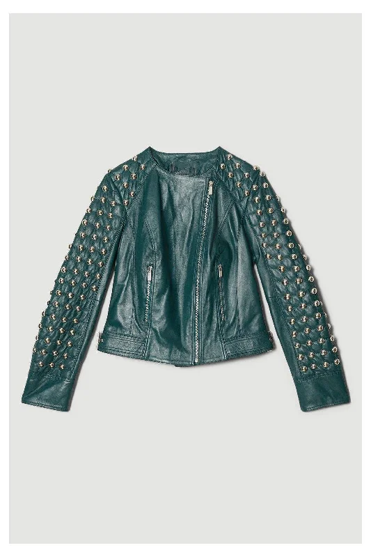 New Chocolat Green Style Silver Spiked Studded Retro Biker Leather Jacket For Women