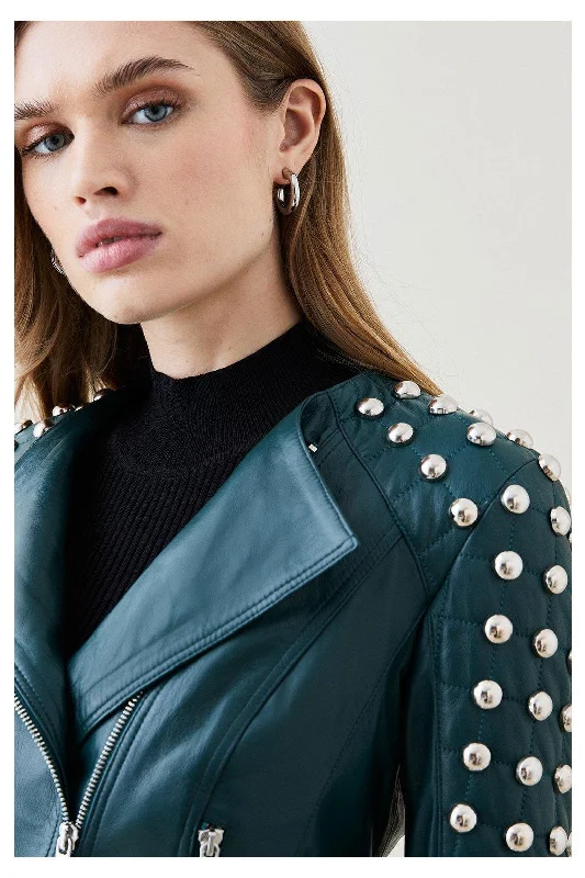 New Chocolat Green Style Silver Spiked Studded Retro Biker Leather Jacket For Women