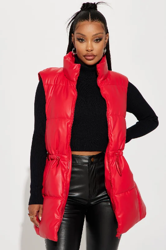 New Scene  Faux Leather Puffer Vest - Red