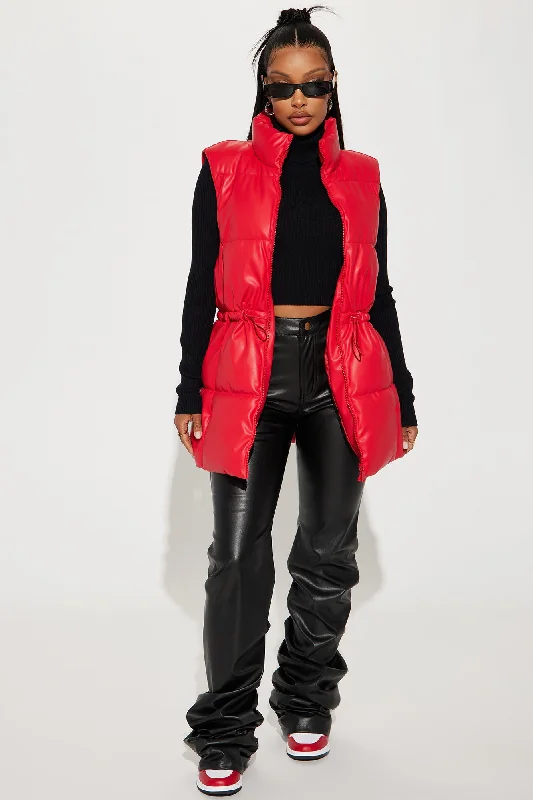 New Scene  Faux Leather Puffer Vest - Red