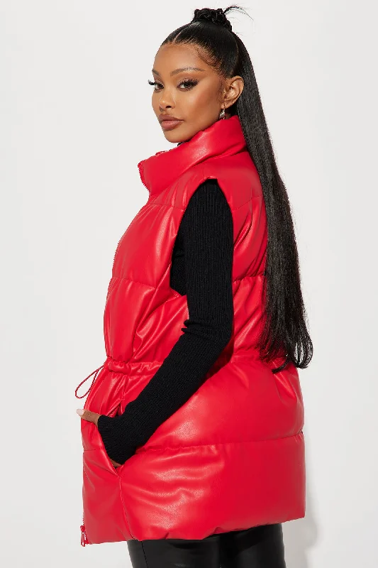 New Scene  Faux Leather Puffer Vest - Red