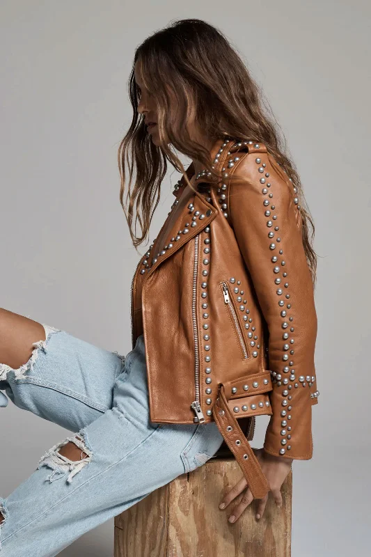 New Women Brown Style Silver Spiked Studded Leather Biker jacket