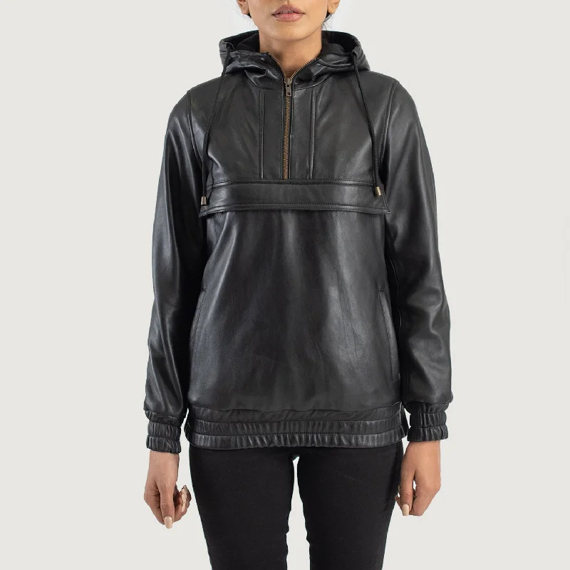 New Women Flight  Black Hooded Leather Pullover Jacket