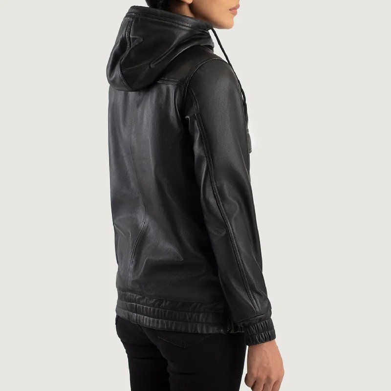 New Women Flight  Black Hooded Leather Pullover Jacket