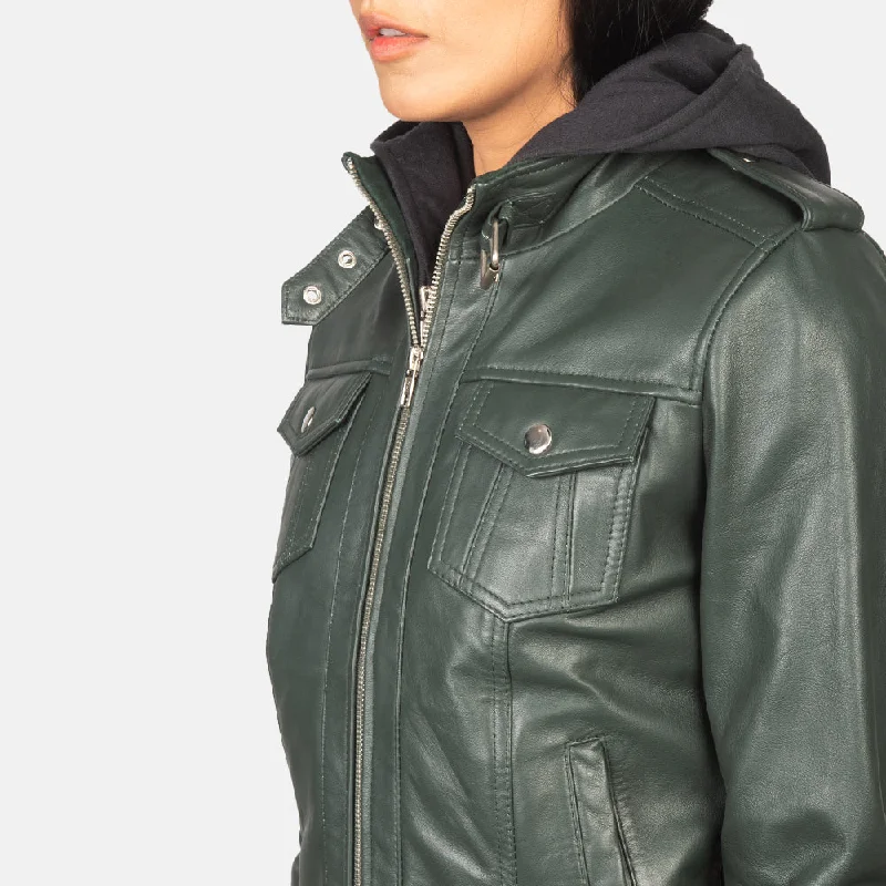 New Women Flight  Green Hooded Leather Bomber Jacket