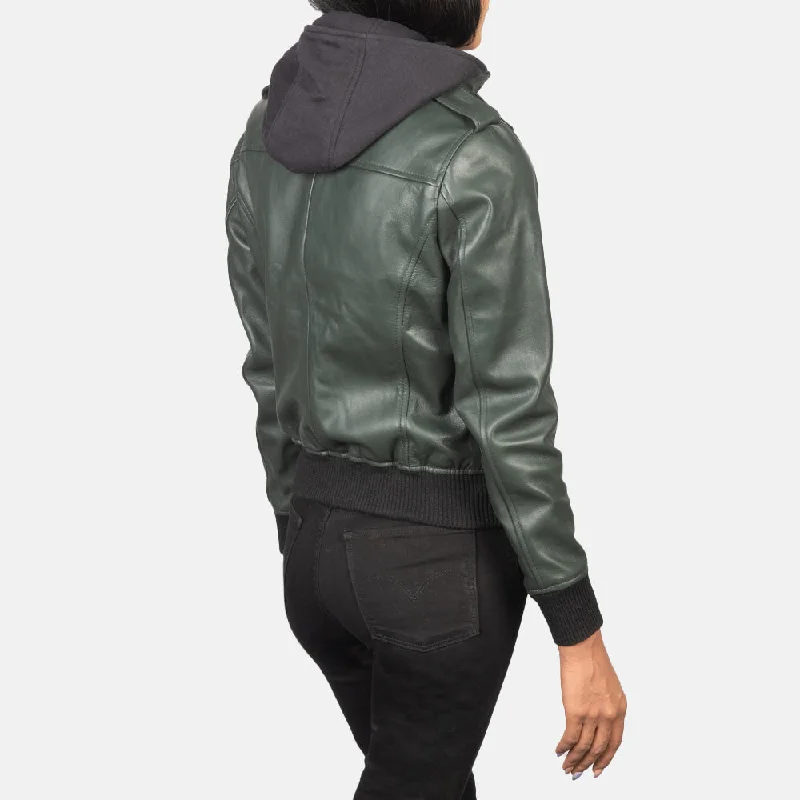 New Women Flight  Green Hooded Leather Bomber Jacket