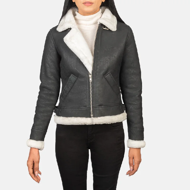 New Women Flight Shearling  B-3 Black & White Leather Bomber Jacket