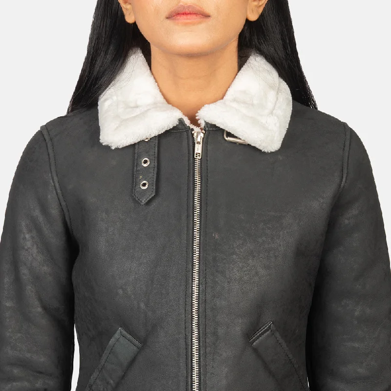 New Women Flight Shearling  B-3 Black & White Leather Bomber Jacket