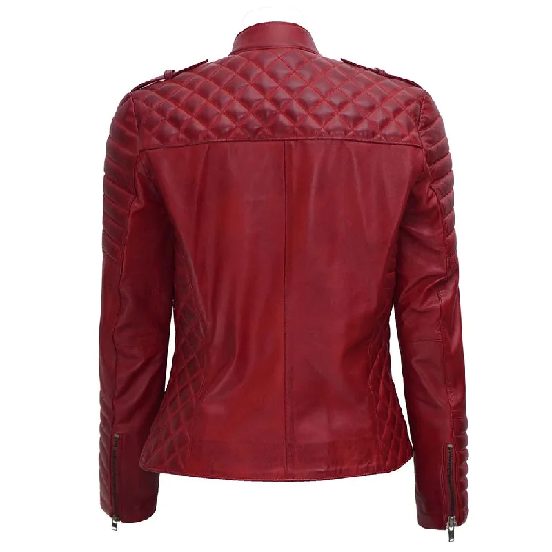 New Women's Red Sheepskin Leather Motorcycle Jacket