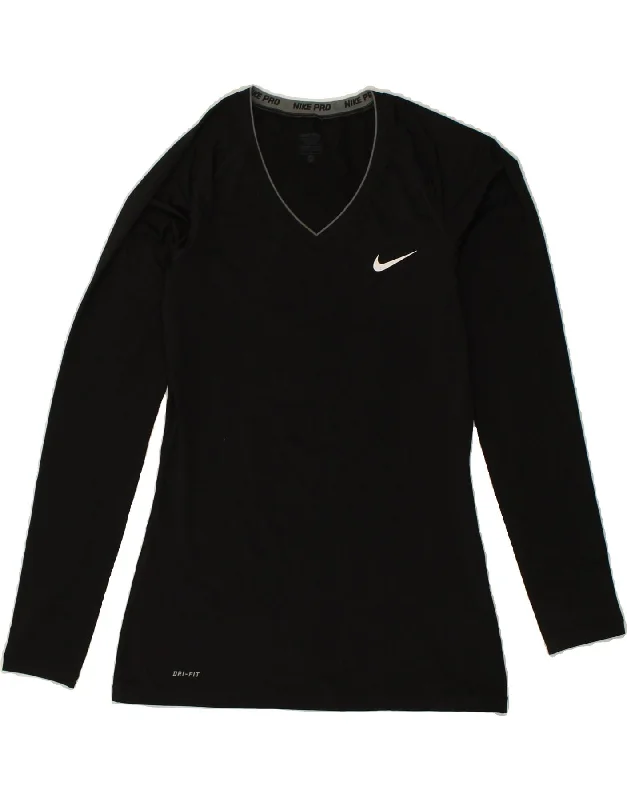 NIKE Womens Dri Fit Top Long Sleeve UK 12 Medium Black Polyester