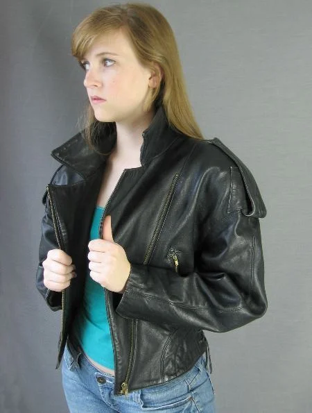 80s Women's Jacket Motorcycle North Beach Leather Black Vintage Moto Small to Medium VFG