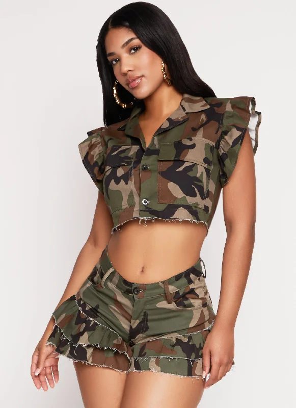 Camo Flutter Cap Sleeve Cropped Jacket